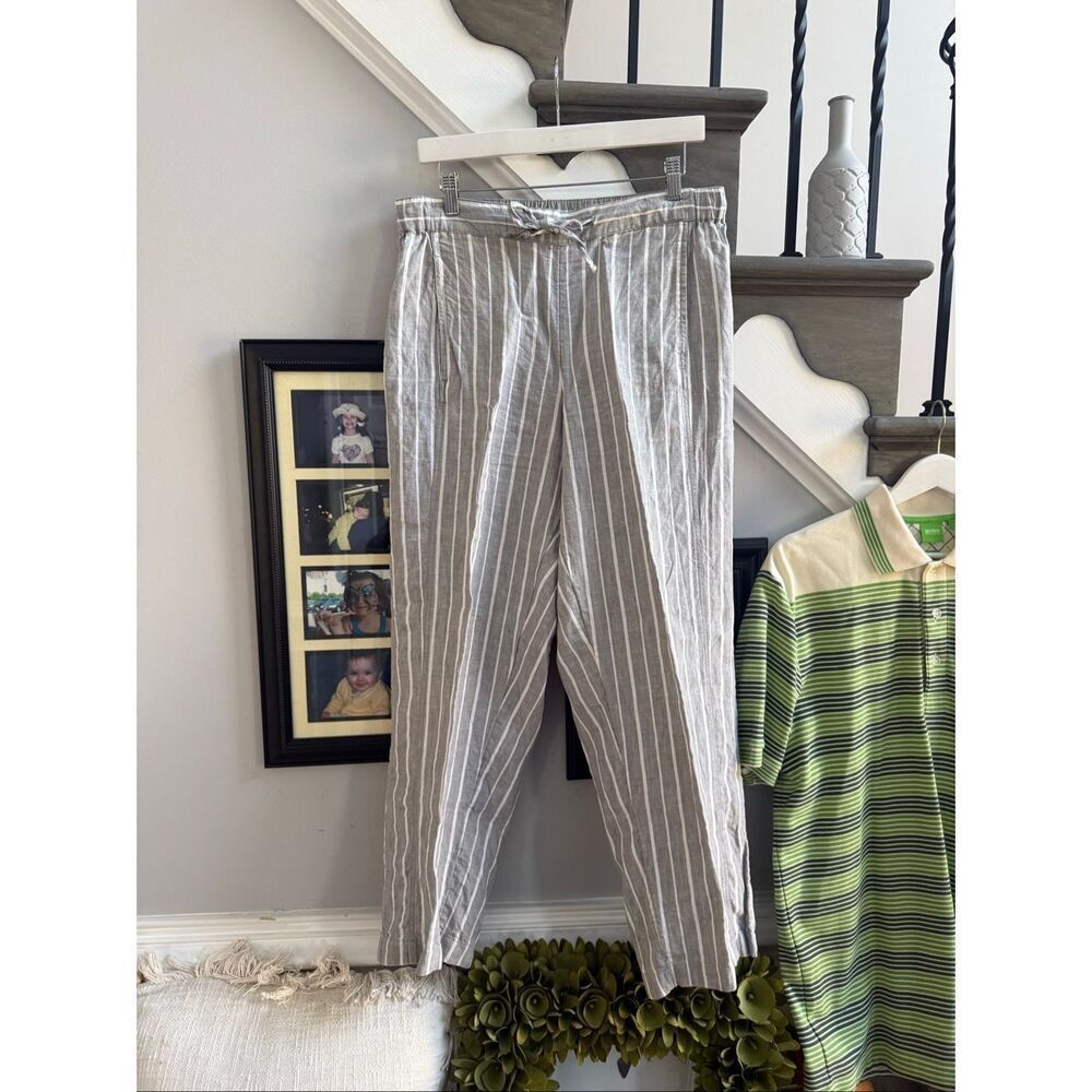 Coldwater Creek Gray & White Stripe Linen Beach Pull On Pants sz M EUC